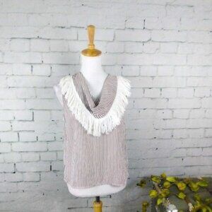 Line + Dot Striped Cowlneck Fringe Top Brown Small